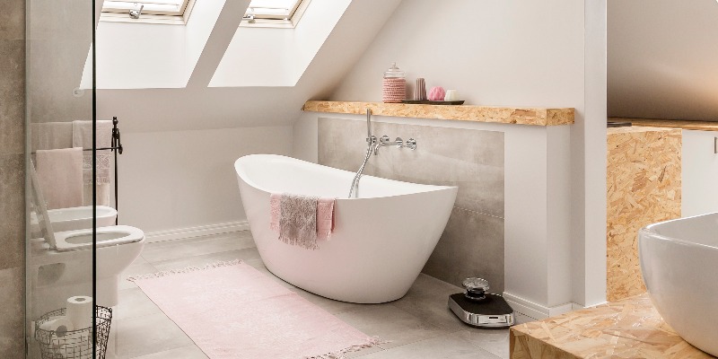 Fliesenspiegel aus Glas hinter einer Badewanne