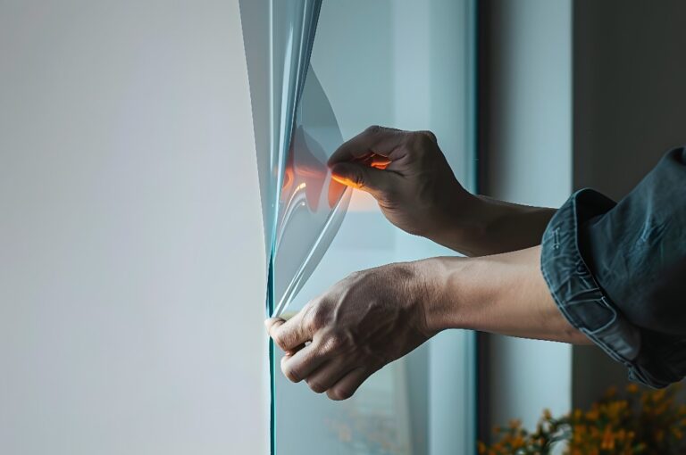 Mann beim Anbringen einer Aufkleberfolie auf einem Spiegelfenster für die Inneneinrichtung eines Hauses