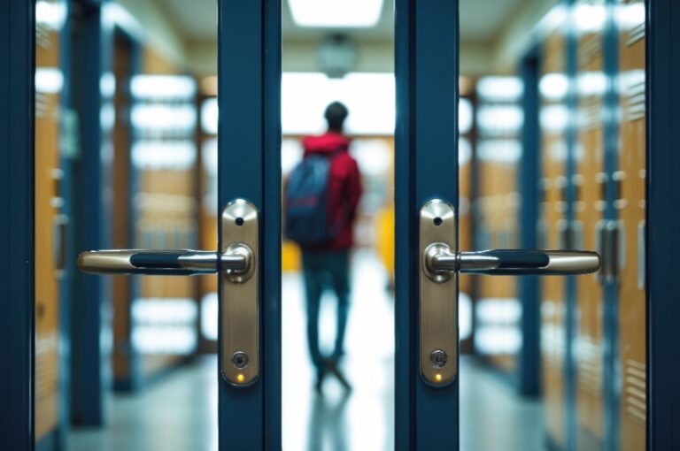 Student, der persönlich in die Schule zurückkehrt. Konzept des studentischen Lebens in der Schule. Durchsichtige Schließfächer und ein im Hintergrund stehender Schüler.