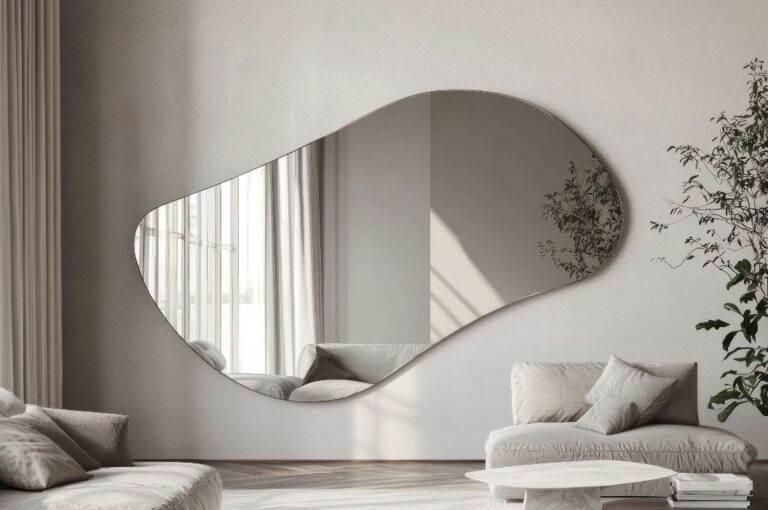 Ein modernes Wohnzimmer mit einem großen, unregelmäßig geformten Spiegel an der Wand