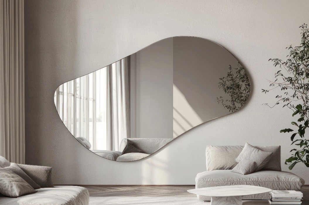 Ein modernes Wohnzimmer mit einem großen, unregelmäßig geformten Spiegel an der Wand