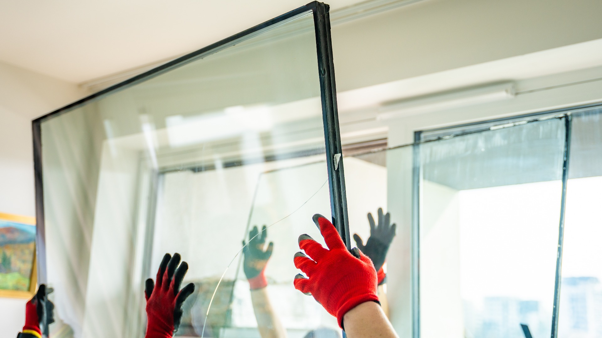 Ein Mitarbeiter entfernt während der Demontage eine Glasscheibe aus einer dreifach verglasten Fenstereinheit, um eine sichere Handhabung und Entsorgung in der Wohnung zu gewährleisten. Konzept für die Fensterreparatur, die Glasentnahme und die Instandhaltungsmaßnahmen.